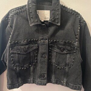 Anthropologie Pilcro Embellished Jewel Black Denim Cropped Denim Trucker Jacket